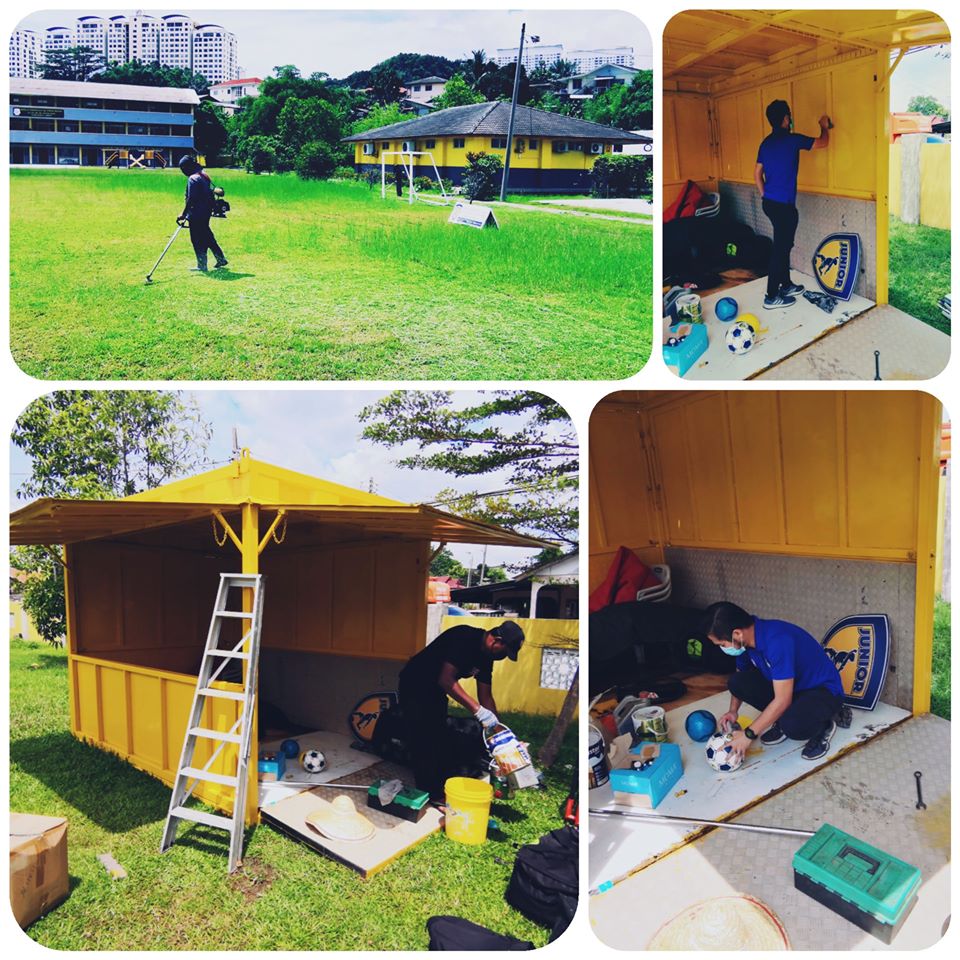 A collage showing grass cutting, painting and repairs around the academy training ground and equipment storage area.